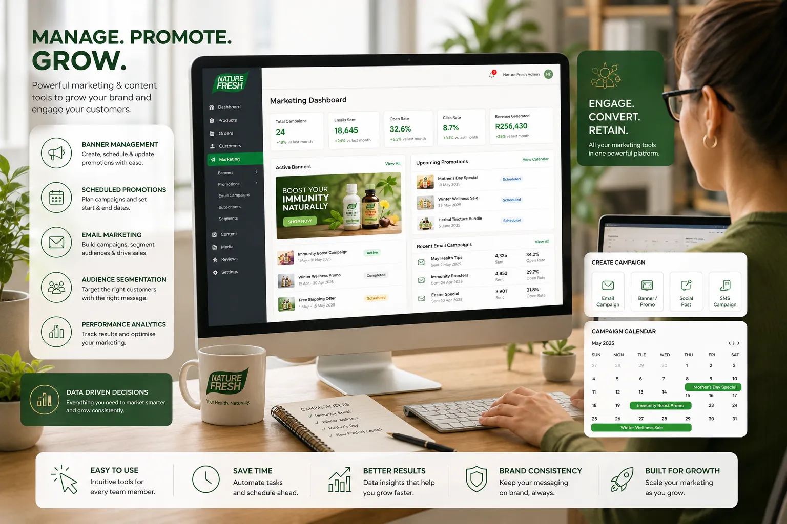 Nature Fresh Marketing Dashboard — Banner Management, Scheduled Promotions, Email Marketing and Performance Analytics