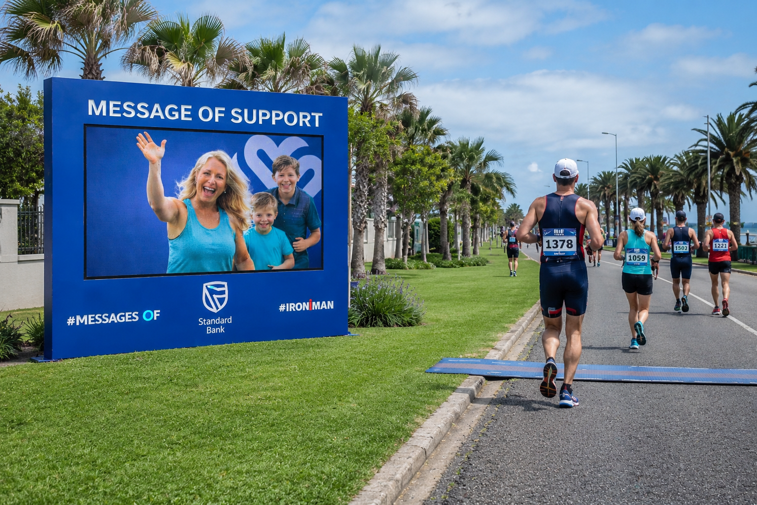 RFID Mat Trigger — Athletes Crossing · Video Message of Support Playing Live on LED Screen
